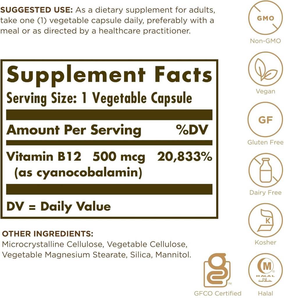 Solgar Vitamin B12 500 mcg (250 Vegetable Capsules) - Buy at New Green Nutrition