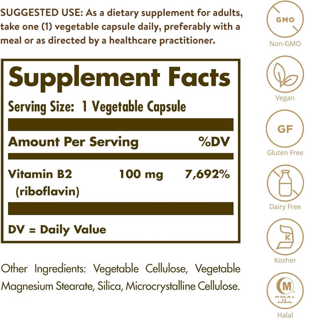 Solgar Vitamin B2 100 mg (100 Vegetable Capsules) - Buy at New Green Nutrition