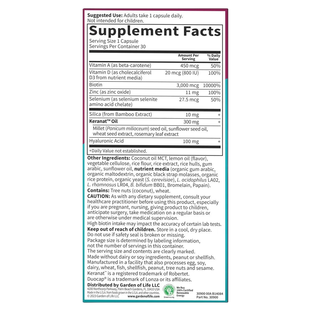 Garden of Life Hair Growth (30 Lemon Flavor Capsules) - Buy at New Green Nutrition