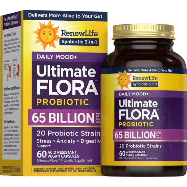 Renew Life Ultimate Flora Daily Mood+ Probiotic 65 Billion (60 Acid Resistant Vegan Capsules) - Buy at New Green Nutrition