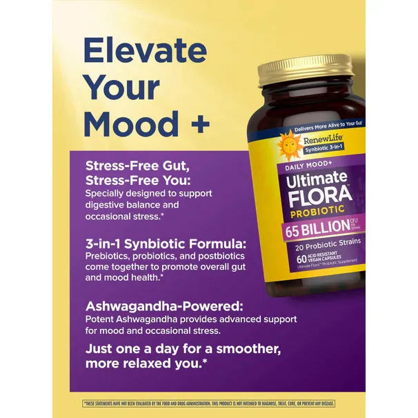 Renew Life Ultimate Flora Daily Mood+ Probiotic 65 Billion (60 Acid Resistant Vegan Capsules) - Buy at New Green Nutrition