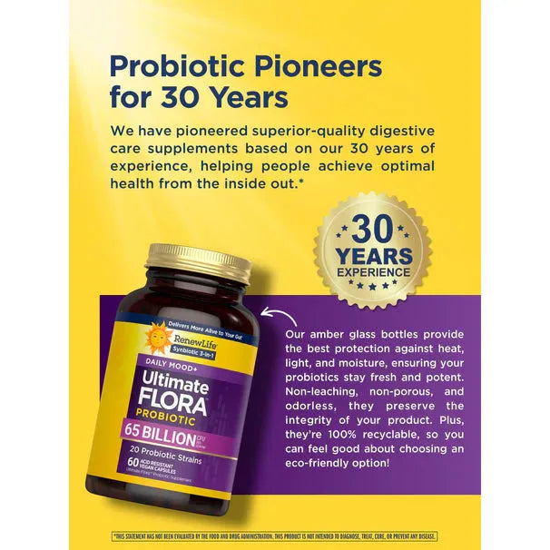 Renew Life Ultimate Flora Daily Mood+ Probiotic 65 Billion (60 Acid Resistant Vegan Capsules) - Buy at New Green Nutrition